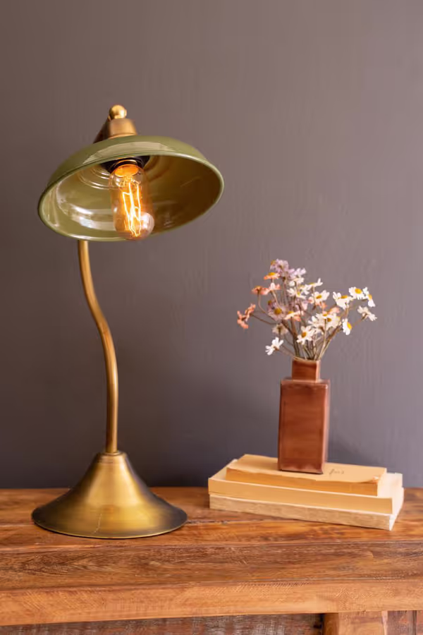 Antique Brass Table Lamp with Green Enamel Shade