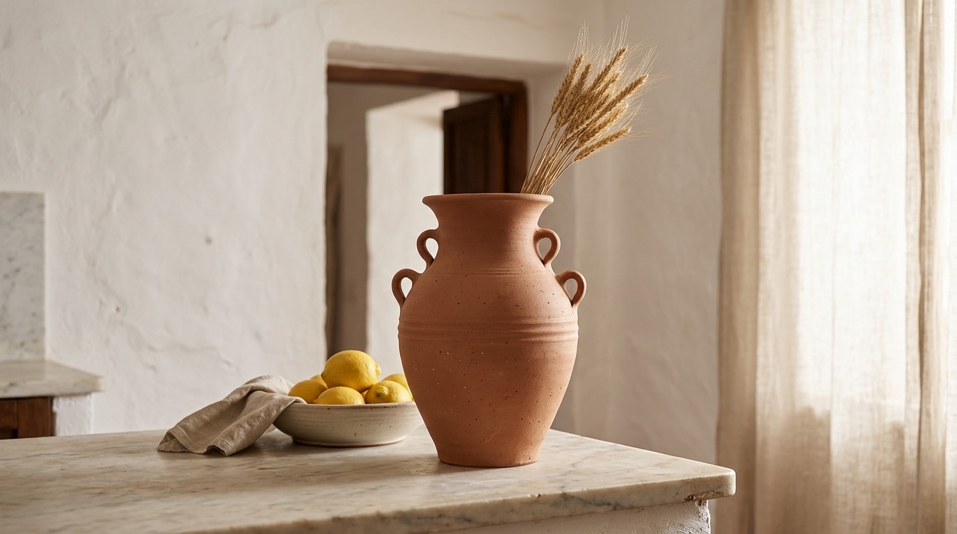 Unglazed terracotta vase with handles holding dried wheat on a marble kitchen counter