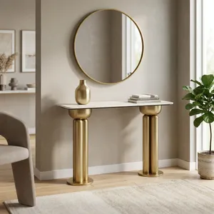 METAL, 42" MARBLE TOP CONSOLE, GOLD/WHITE 2