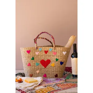 Seagrass Basket with Embroidered Hearts 3