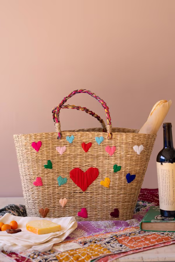 Seagrass Basket with Embroidered Hearts