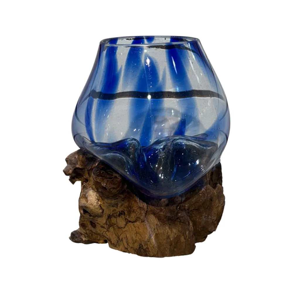 6" BLUE DOT GLASS BOWL ON DRIFTWOOD