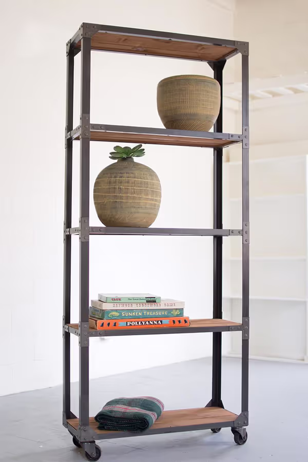 Tall Iron and Recycled Wood Shelving Unit