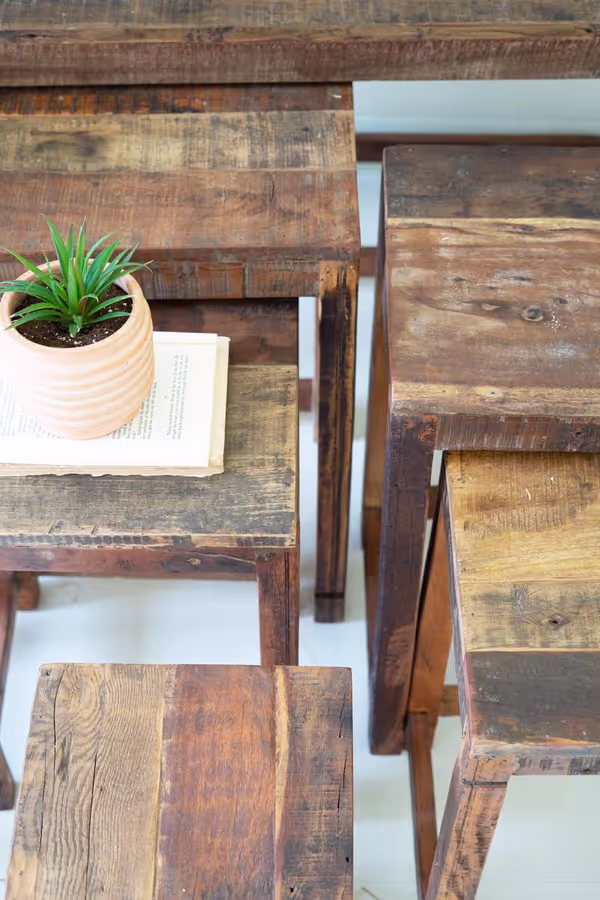 Set of 9 Recycled Wood Display Tables