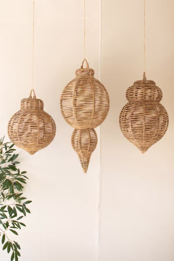 Set of 3 Large Woven Seagrass and Iron Ornaments