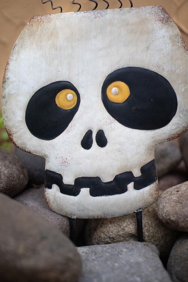 Painted Metal Halloween Skull with Bats Yard Art