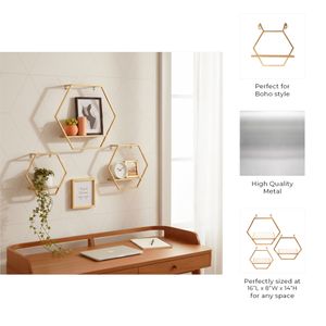 S/3 METAL/WOOD HEXAGON WALL SHELVES, GOLD 8