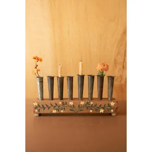 Eight Metal Bud Vases with Hand-Painted Wooden Base 3