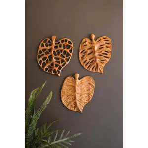 Set of 3 Carved Teakwood Leaves Wall Art 1