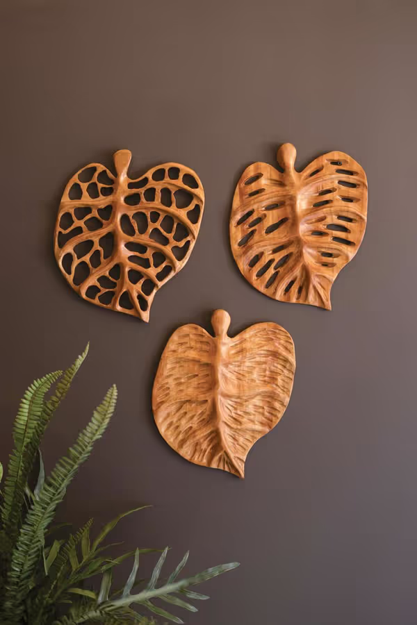 Set of 3 Carved Teakwood Leaves Wall Art