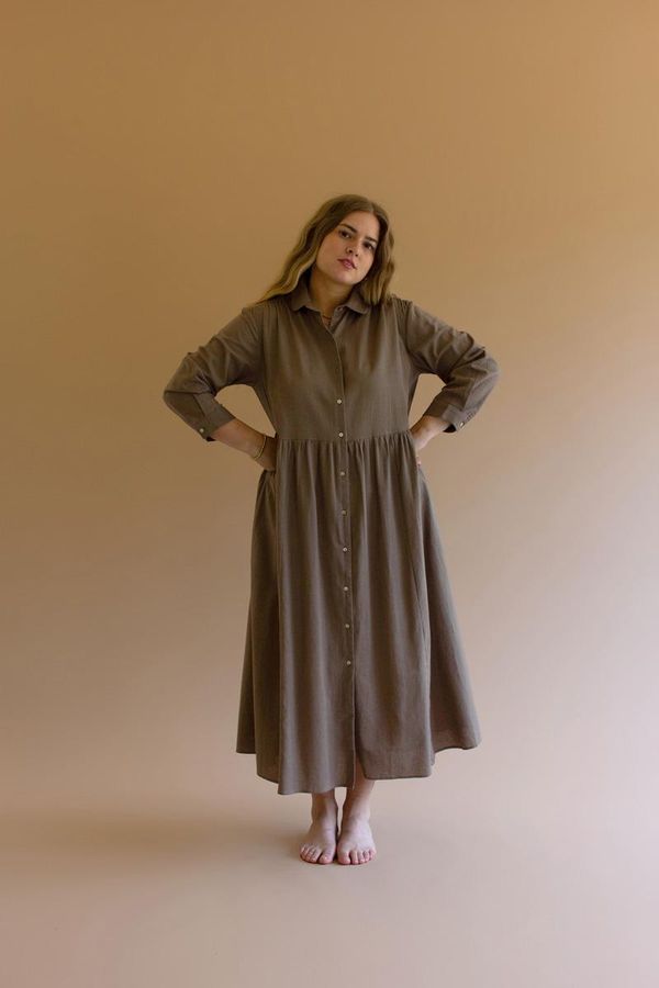 Long-Sleeve Buttondown Dress with Pockets - Mocha