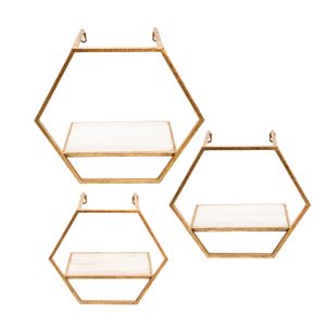 S/3 METAL/WOOD HEXAGON WALL SHELVES, GOLD 1