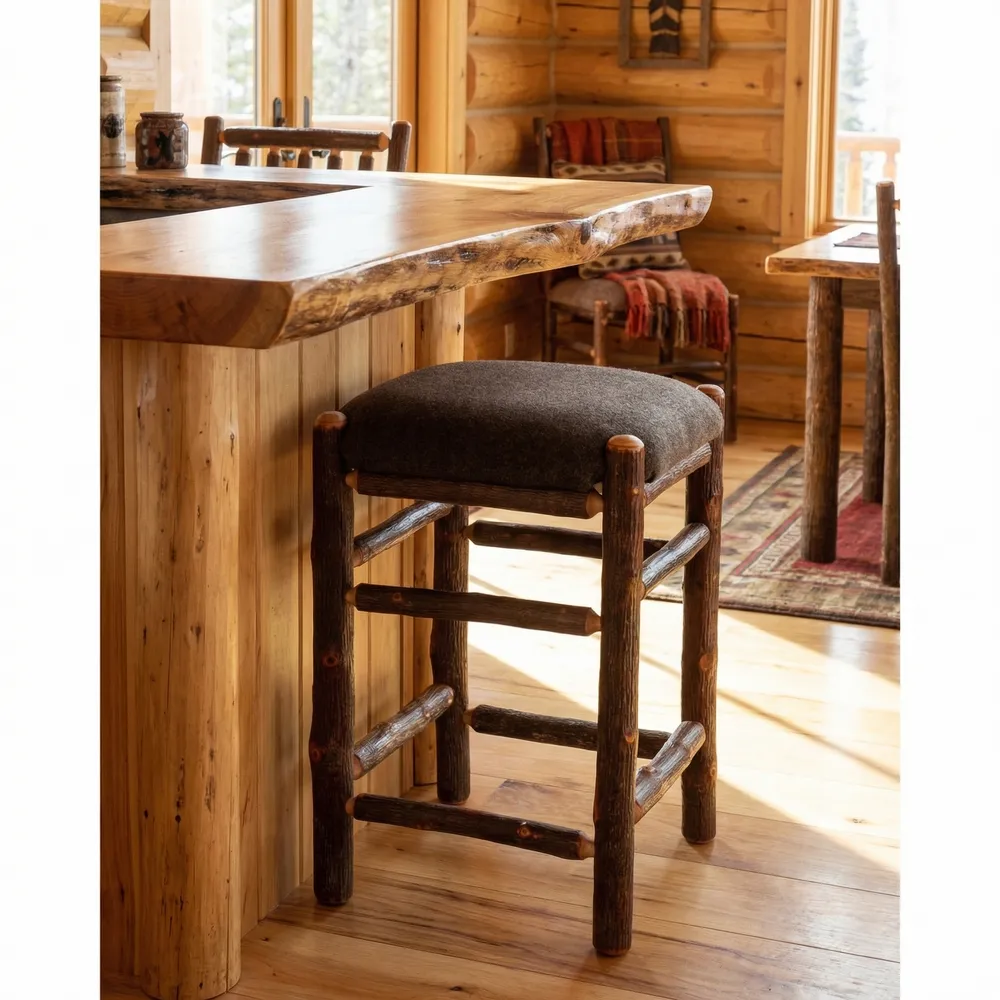 Hickory Log Square Counter Stool - Upholstered Seat - Standard