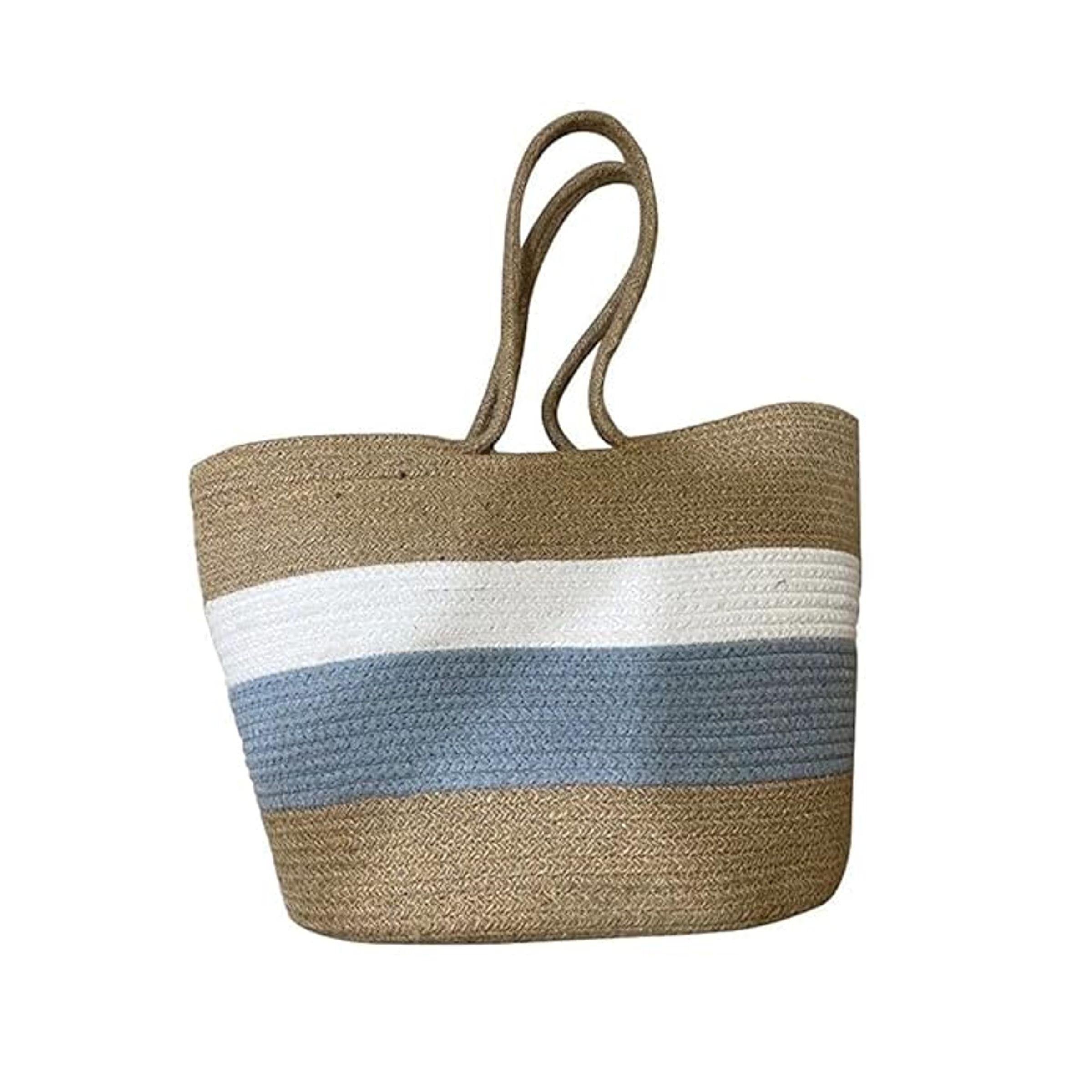 JUTE STRIPE TOTE W ROPE HANDLE & COCONUT - SEAFOAM