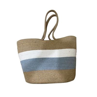 JUTE STRIPE TOTE W ROPE HANDLE & COCONUT - SEAFOAM