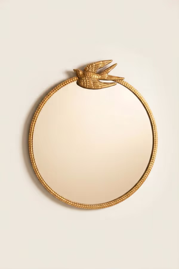 Antique Gold Metal Framed Mirror with Sparrow