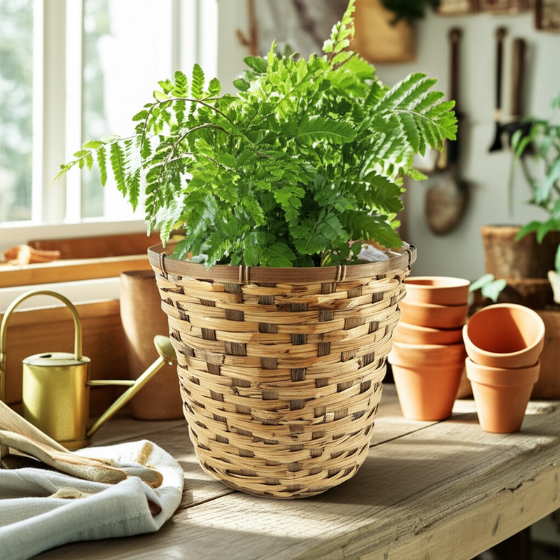 11" Rattan Basket Pot Cover, White Wash