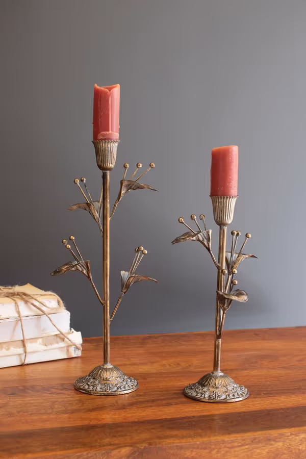 Set of 2 Antique Brass Flower Taper Candle Holders