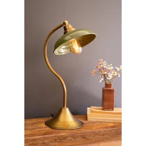 Antique Brass Table Lamp with Green Enamel Shade 1