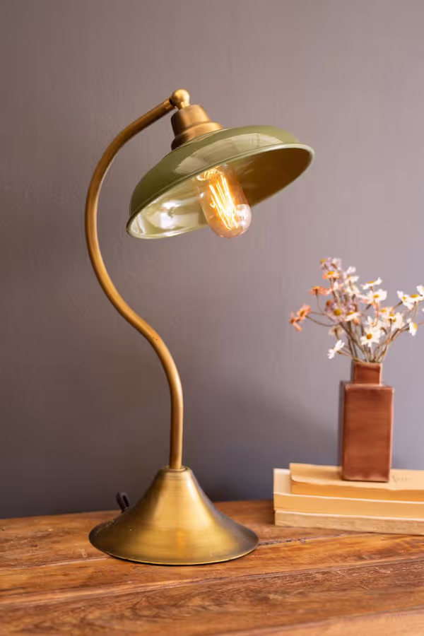 Antique Brass Table Lamp with Green Enamel Shade