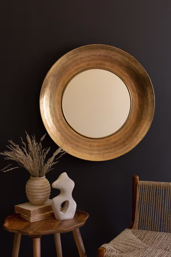 Round Hand-Hammered Antique Brass Framed Mirror