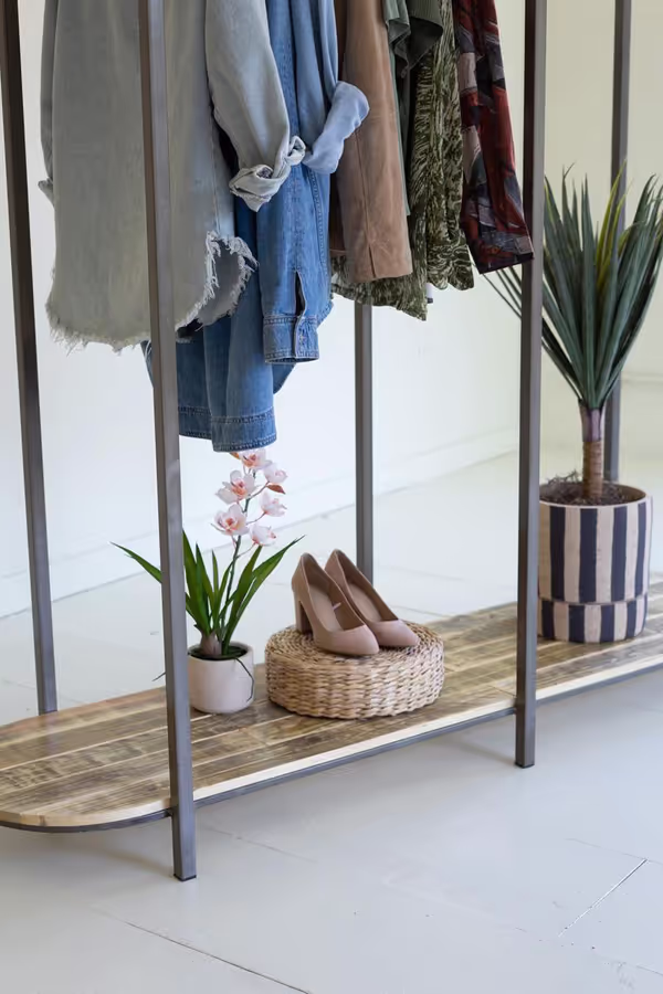 Tall Iron and Recycled Wood Garment Display