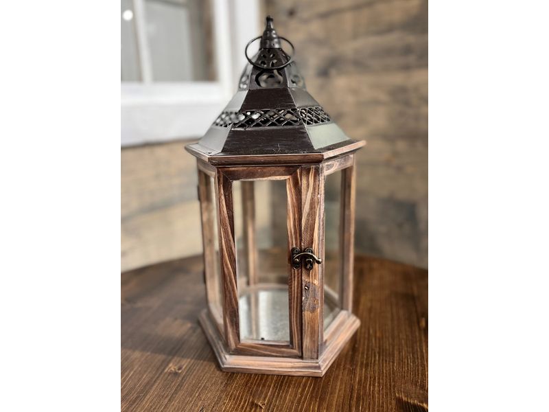 16" Wood & Metal Hexagon Lantern 1