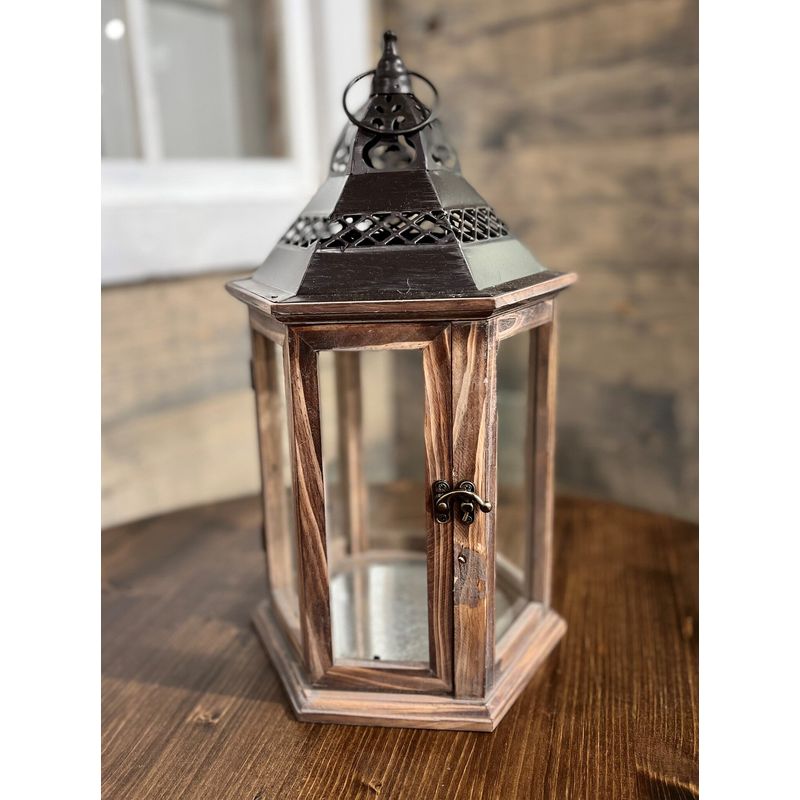16" Wood & Metal Hexagon Lantern