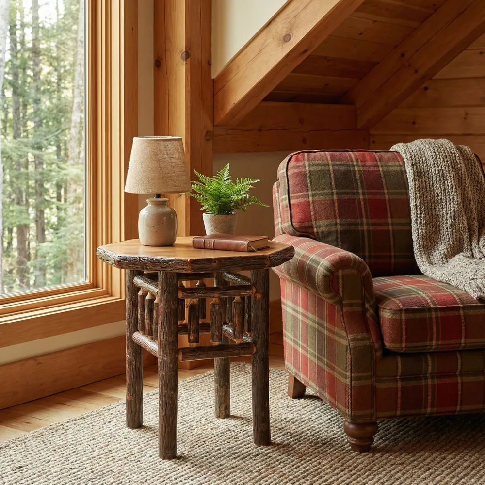 Hickory Log Octagon End Table - Cognac