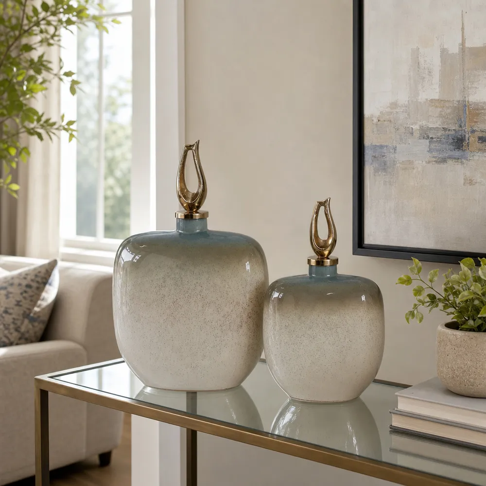 DAVINFORD SET OF 2 BLUE GLASS VASES 18 (IN)