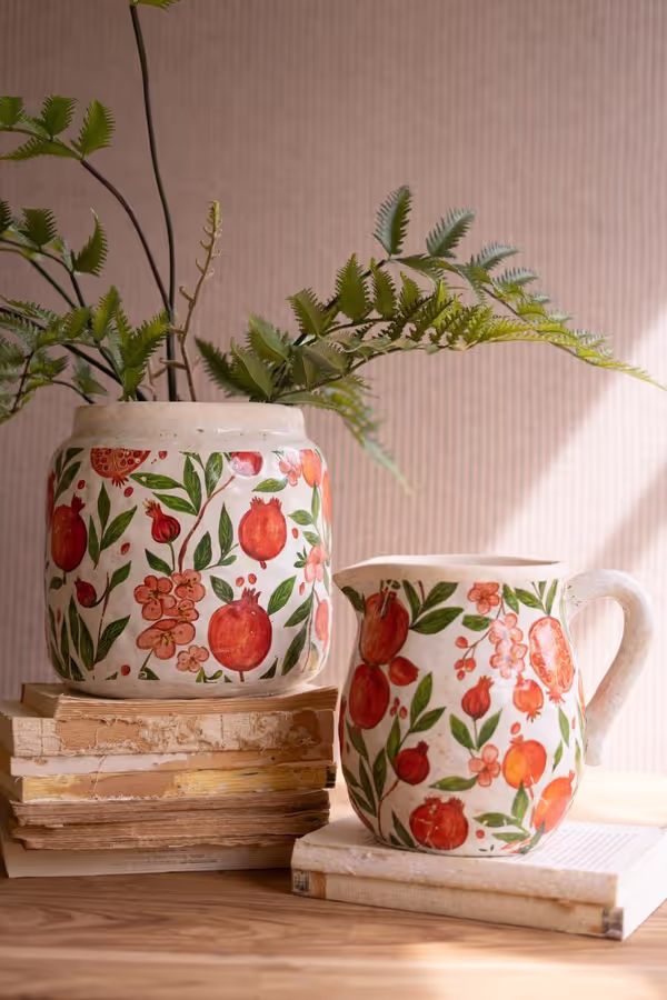 Set of 2 Cement Pitcher and Planter with Pomegranates