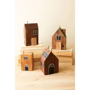 Set of 4 Hand-Painted Recycled Wood Village 1