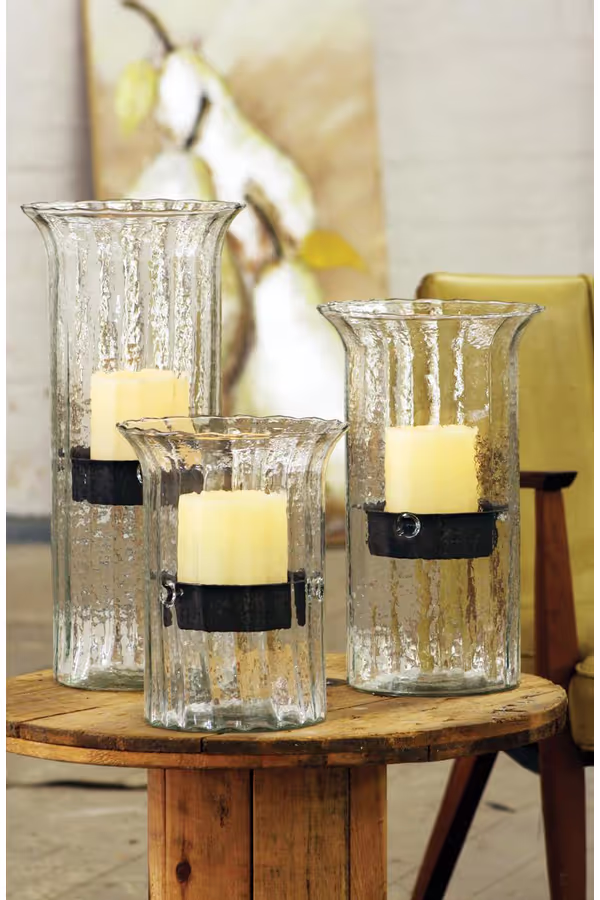 Ribbed Glass Candle Cylinder with Rustic Insert / Large