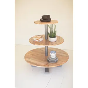 Round Three-Tiered Mango Wood and Iron Display Tower 2
