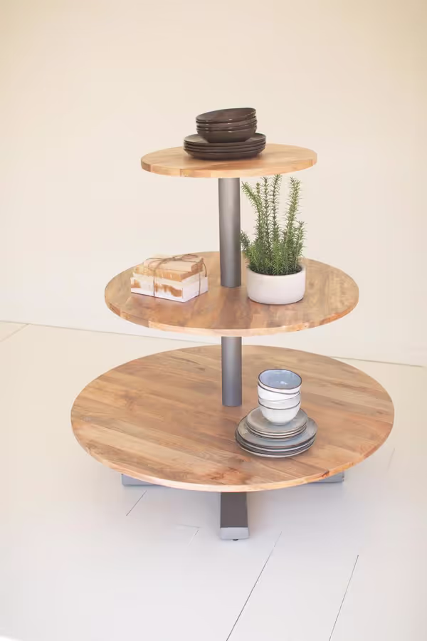 Round Three-Tiered Mango Wood and Iron Display Tower