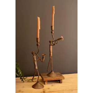 Set of 2 Forged-Iron Trumpet and Saxophone Taper Candle Holders 1