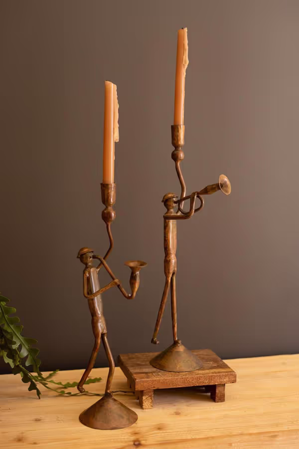 Set of 2 Forged-Iron Trumpet and Saxophone Taper Candle Holders