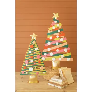 Set of 2 Colorful Painted Metal Christmas Trees with Gold Bases 1
