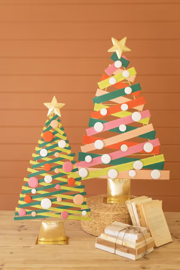Set of 2 Colorful Painted Metal Christmas Trees with Gold Bases