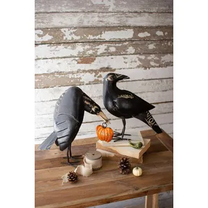 Set of 2 Recycled Iron Crows Holding a Pumpkin 2