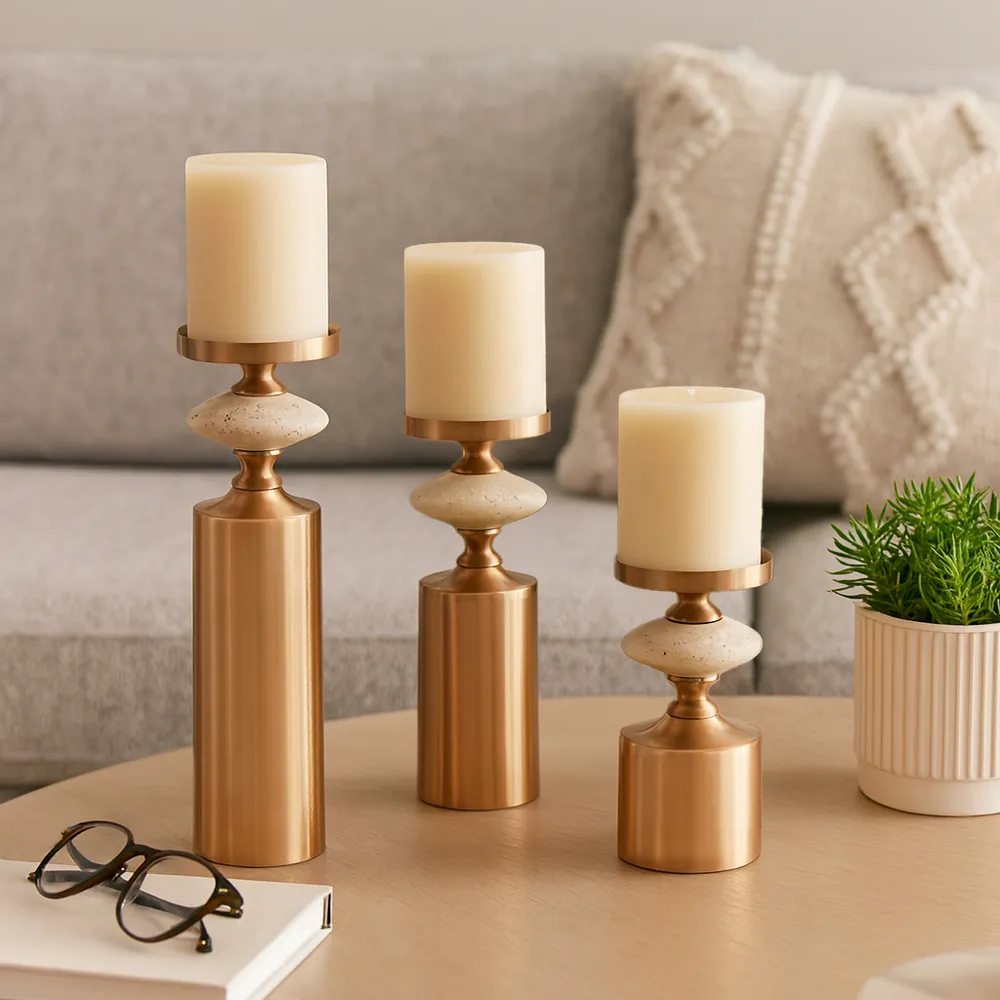 HAMPTONMILL SET OF 3 GOLD CANDLE HOLDER 16 (IN)