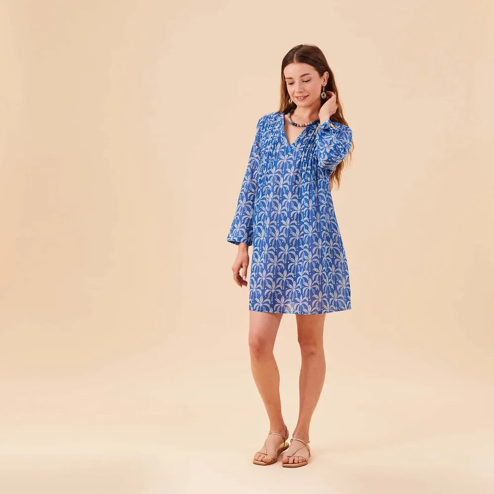 Palm Bunch Navy Cotton Pintuck Beach Cover Up