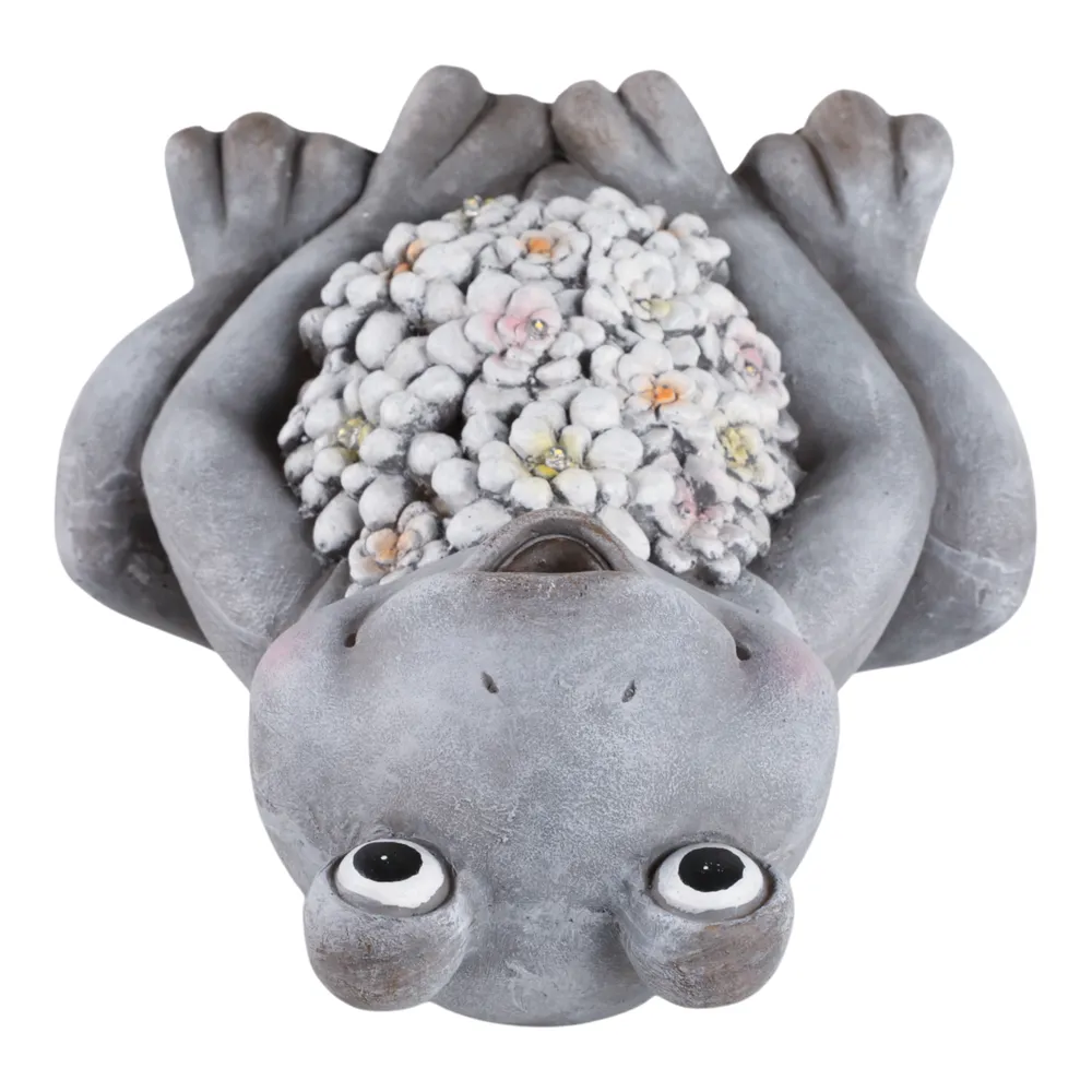 13X10" SITTING FROG WITH SOLAR FLOWERS, GREY MULTI