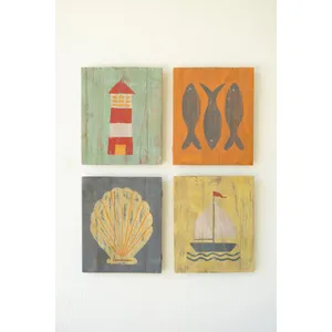Set of 4 Painted Wood Coastal Wall Art 1