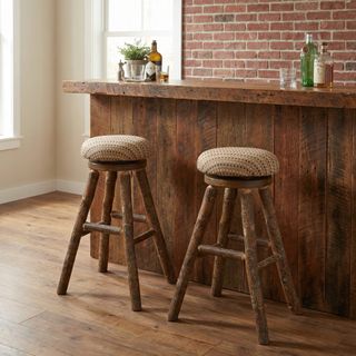 Hickory Log Round Barstool - Upholstered Seat - Standard Leather - 18w x 18d x 30h