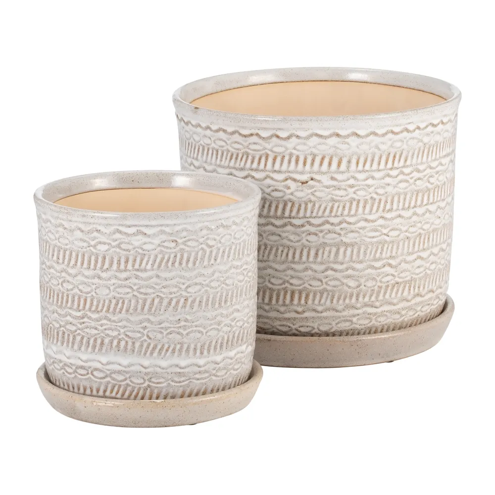 S/2  TRIBAL PLANTER 6/8" W/ SAUCER, BEIGE