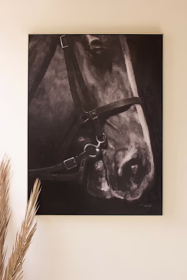 Framed Black and White Side View Horse Painting