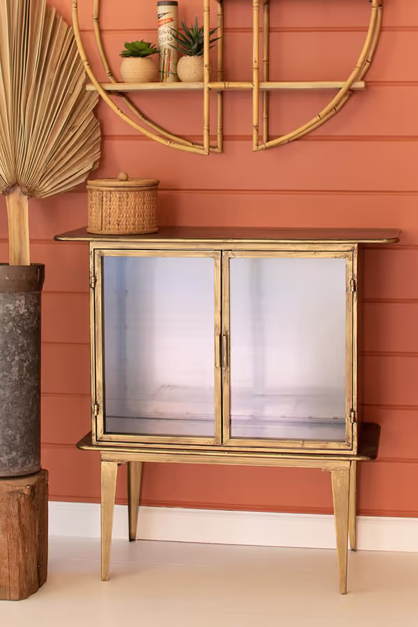 Antique Brass and Glass Two-Door Cabinet