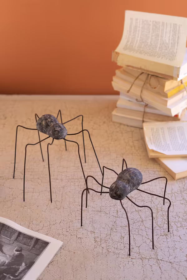 Set of 2 Clay and Wire Spiders