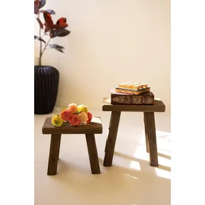 Set of 2 Dark Brown Rectangle Wood Stools 3